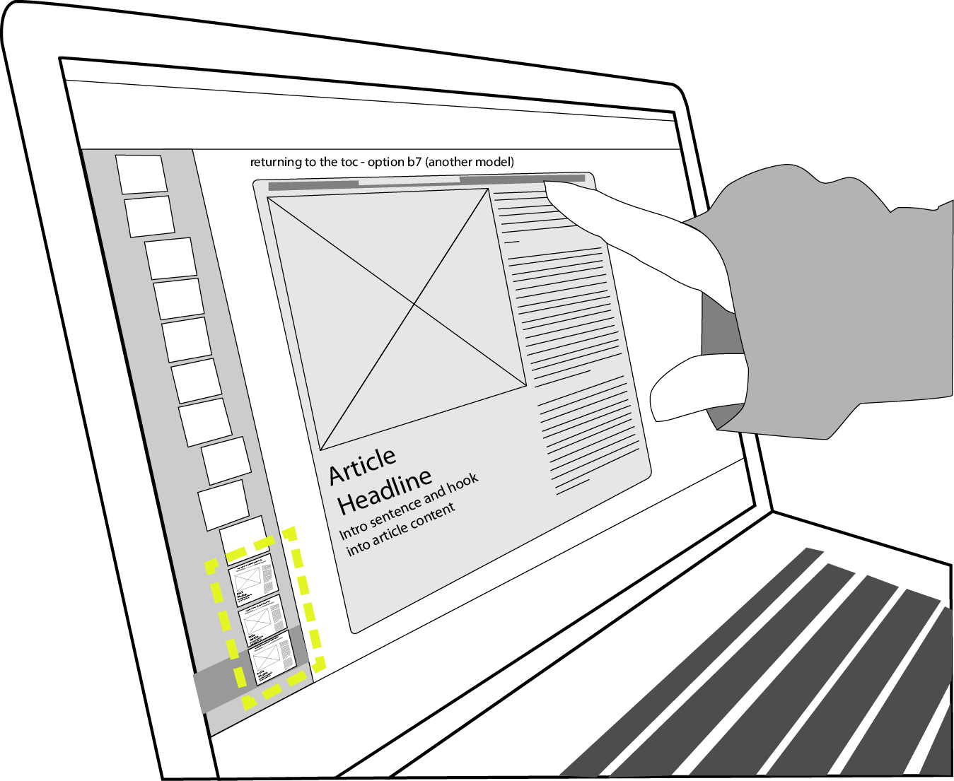 designer points at onscreen wireframe